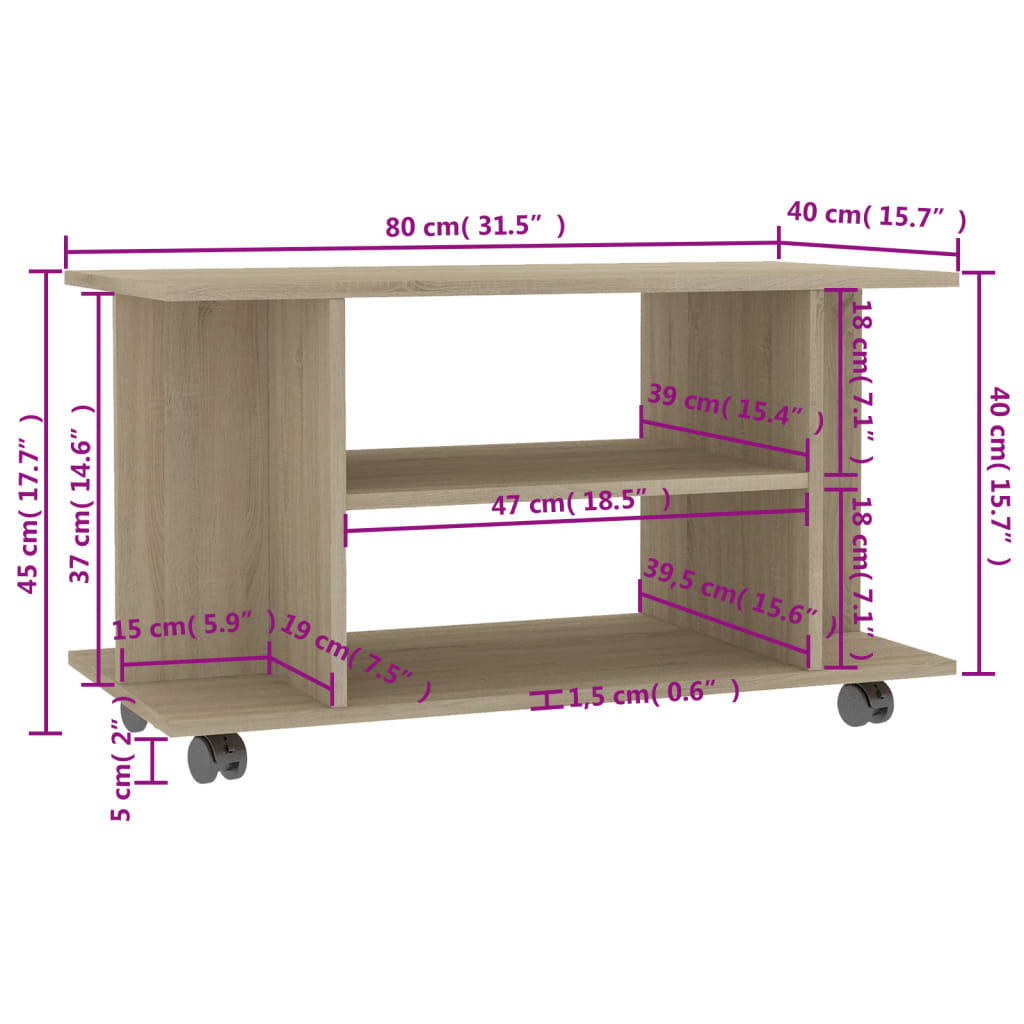 TV Cabinet with Castors Sonoma Oak 80x40x45 cm Engineered Wood