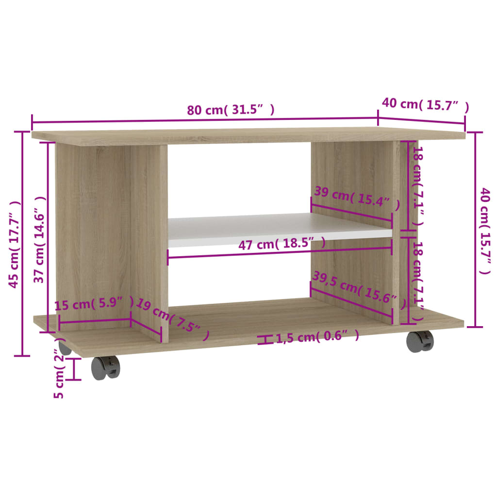 TV Cabinet with Castors White and Sonoma Oak 80x40x45 cm Engineered Wood