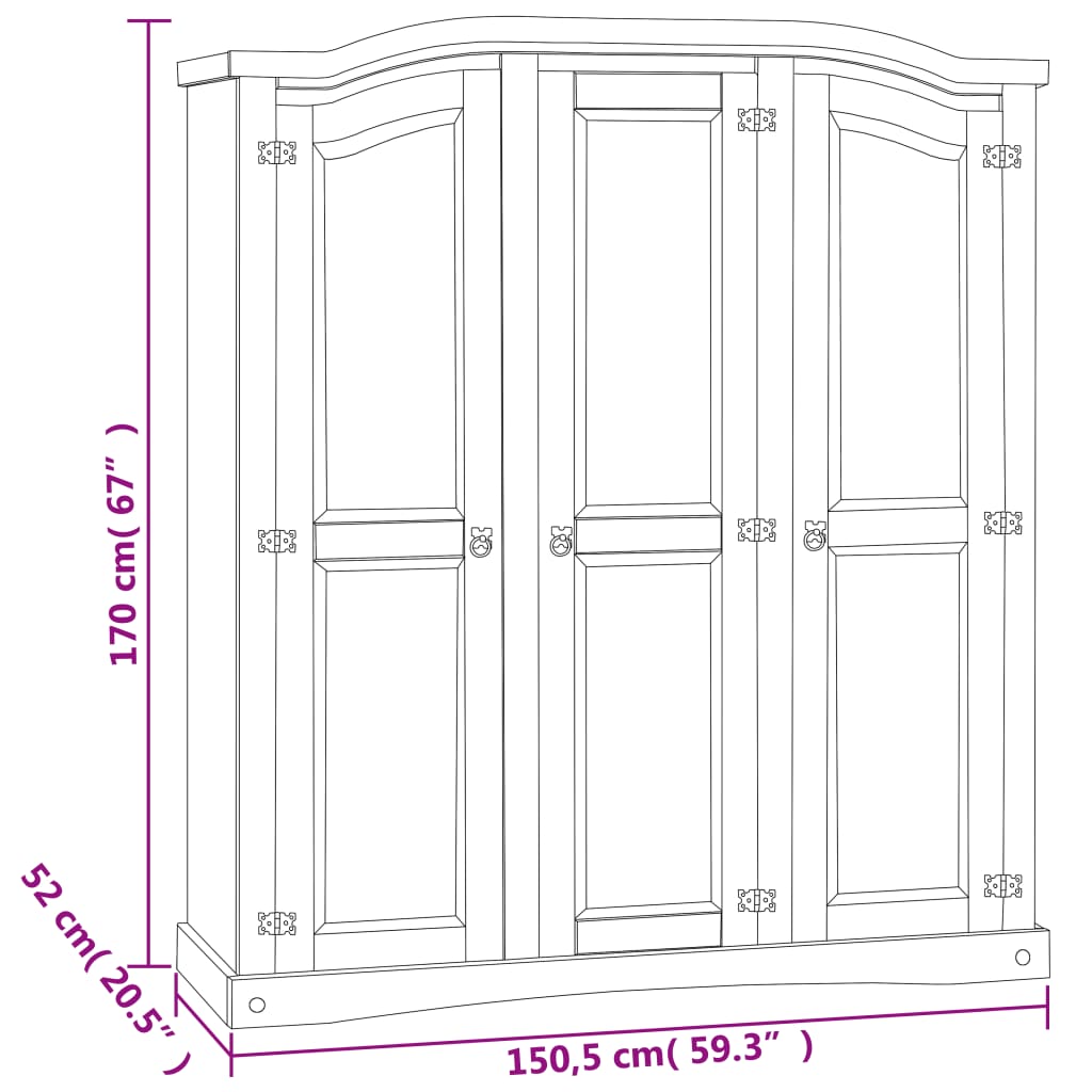 Wardrobe Mexican Pine Corona Range 3 Doors Grey