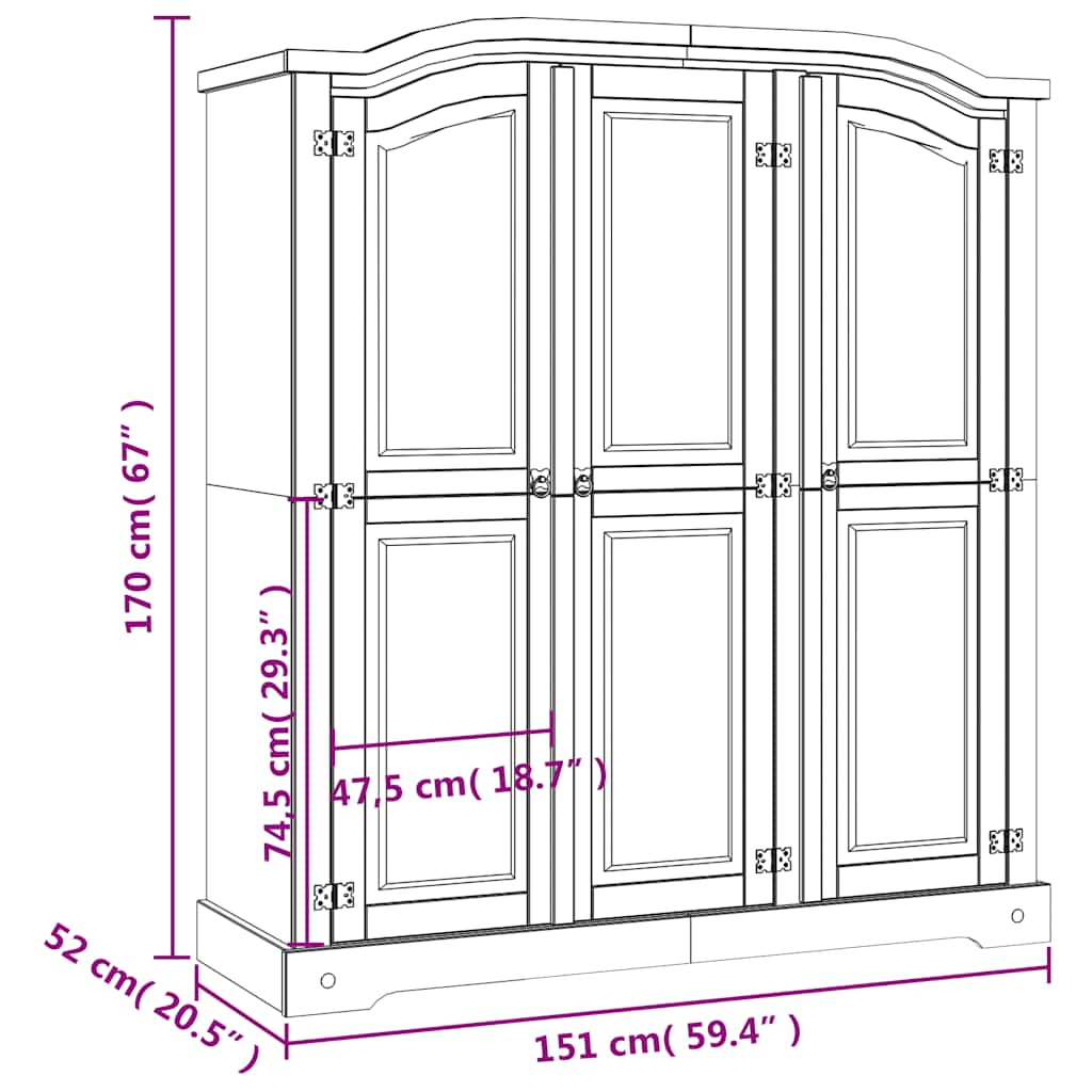 Wardrobe Mexican Pine Corona Range 3 Doors White