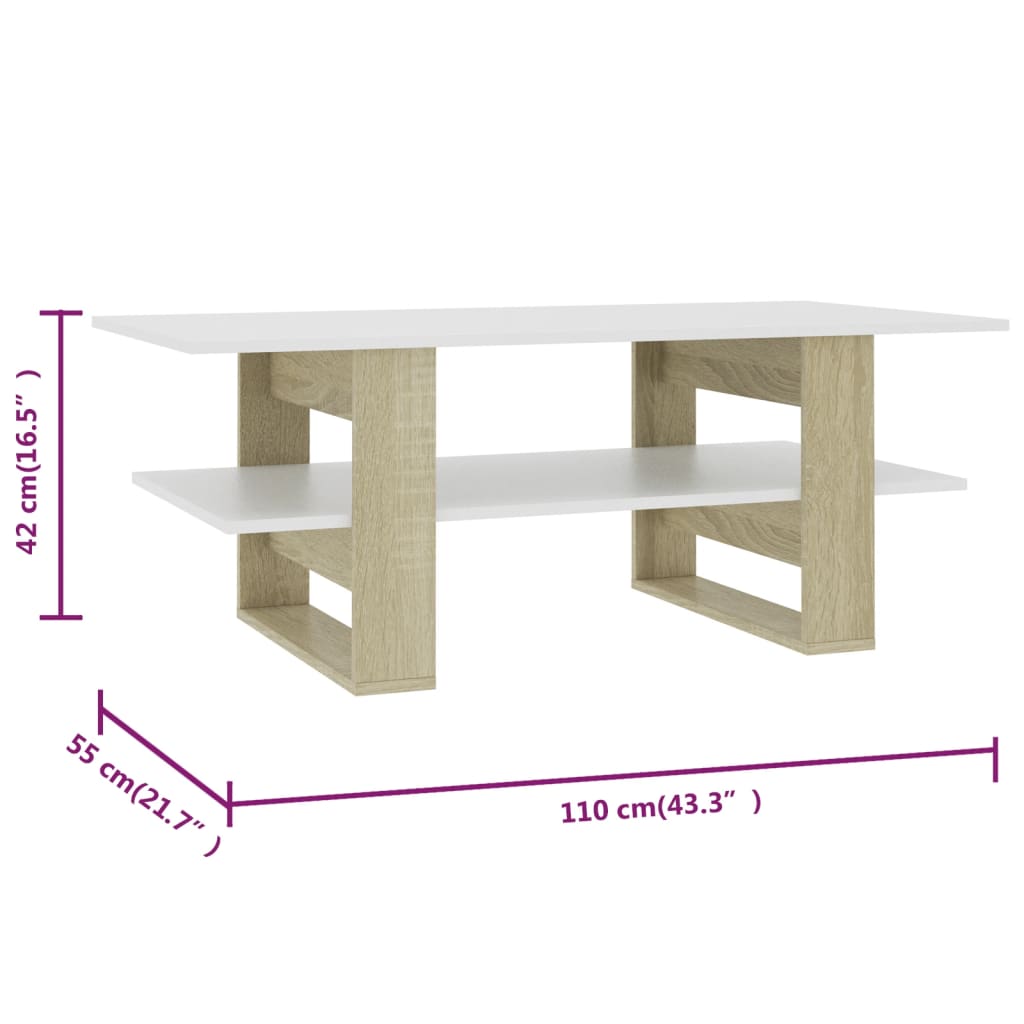 Coffee Table White and Sonoma Oak 110x55x42 cm Engineered Wood