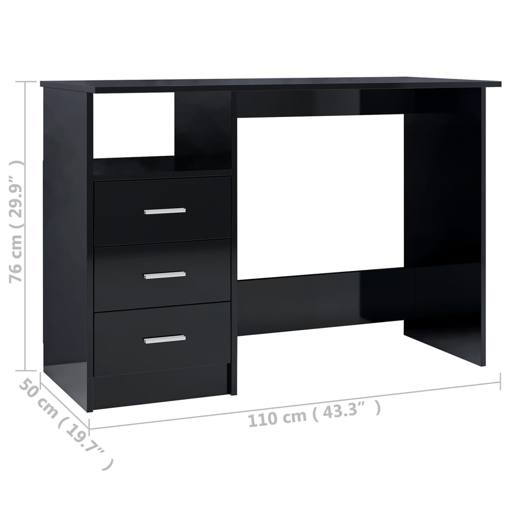 Desk with Drawers High Gloss Black 110x50x76 cm Engineered Wood