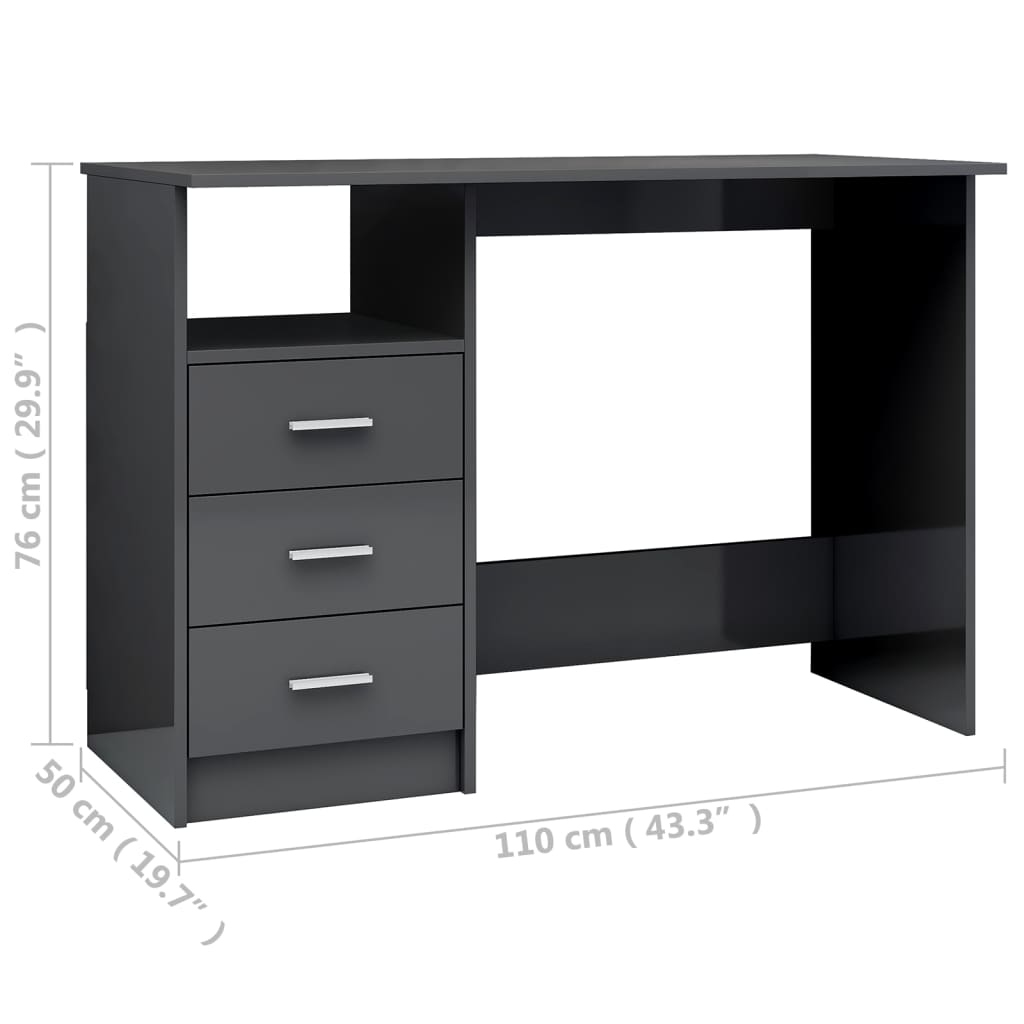 Desk with Drawers High Gloss Grey 110x50x76 cm Engineered Wood