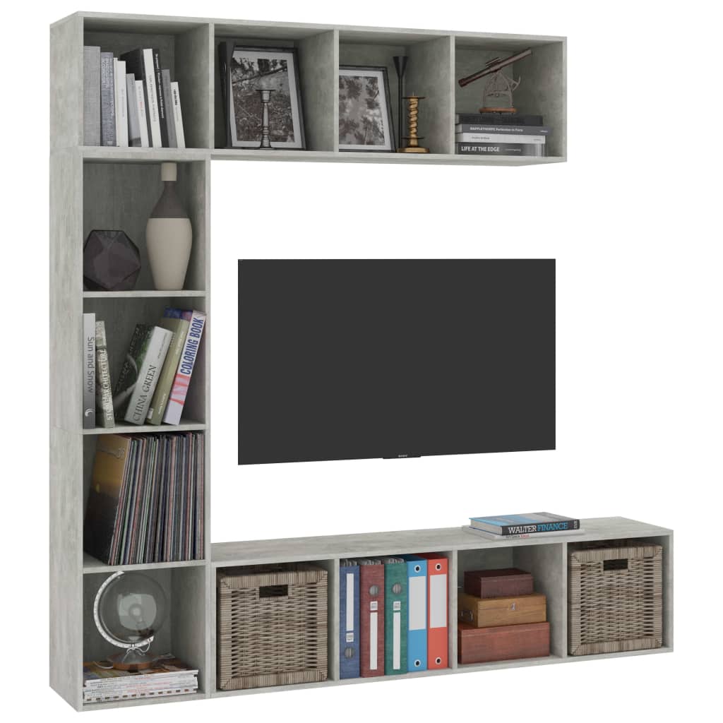 3 Piece Book/TV Cabinet Set Concrete Grey 180x30x180 cm