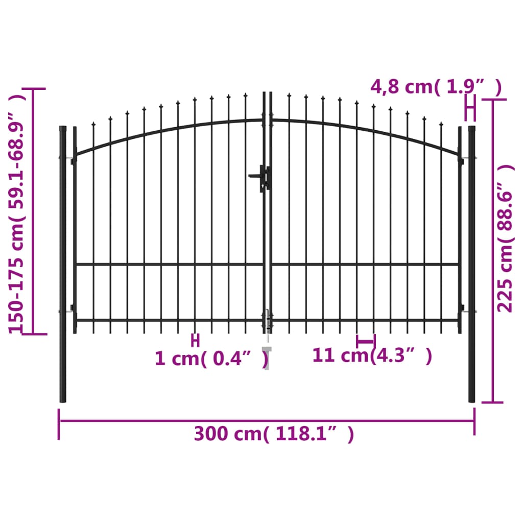 Fence Gate Double Door with Spike Top Steel 3x1.75 m Black