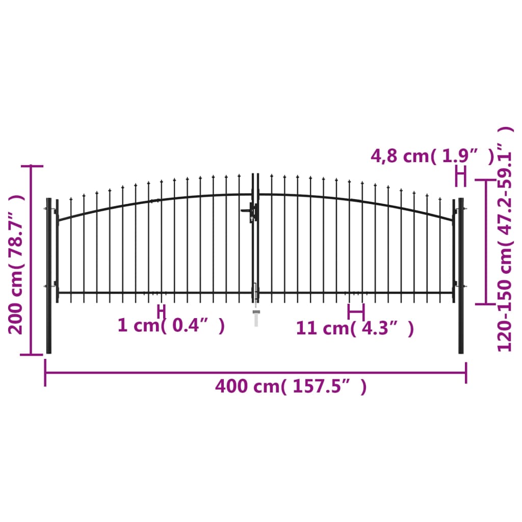 Double Door Fence Gate with Spear Top 400x200 cm