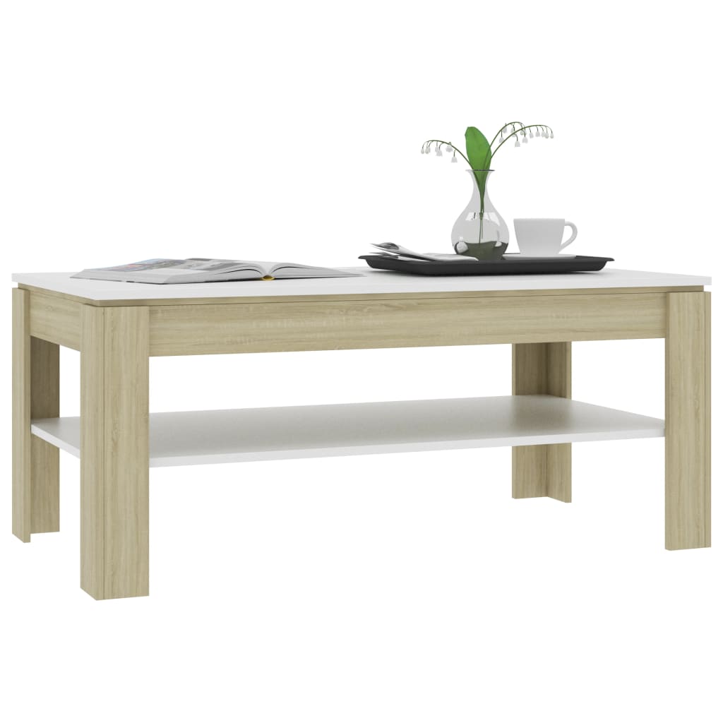 Coffee Table White and Sonoma Oak 110x60x47 cm Engineered Wood