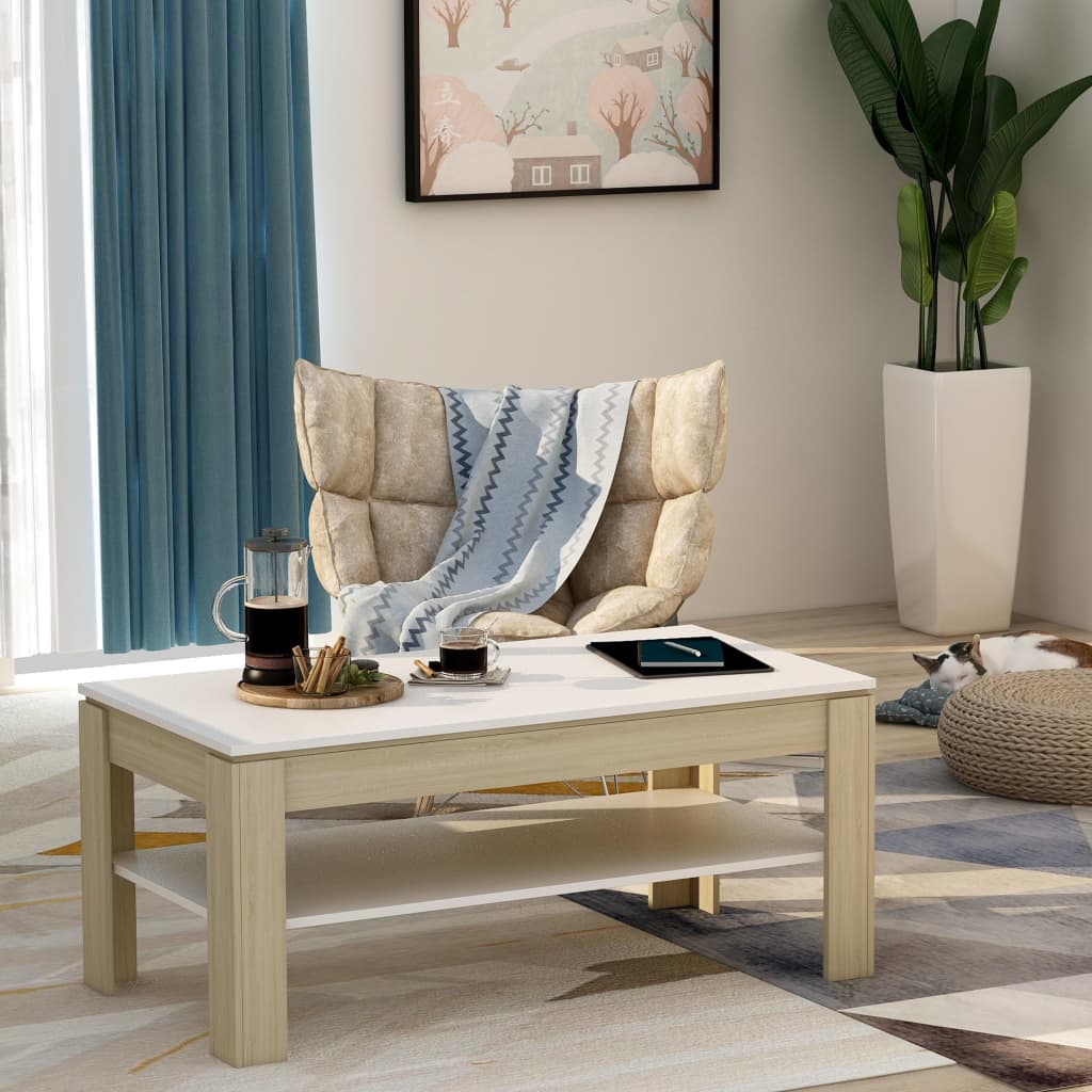 Coffee Table White and Sonoma Oak 110x60x47 cm Engineered Wood