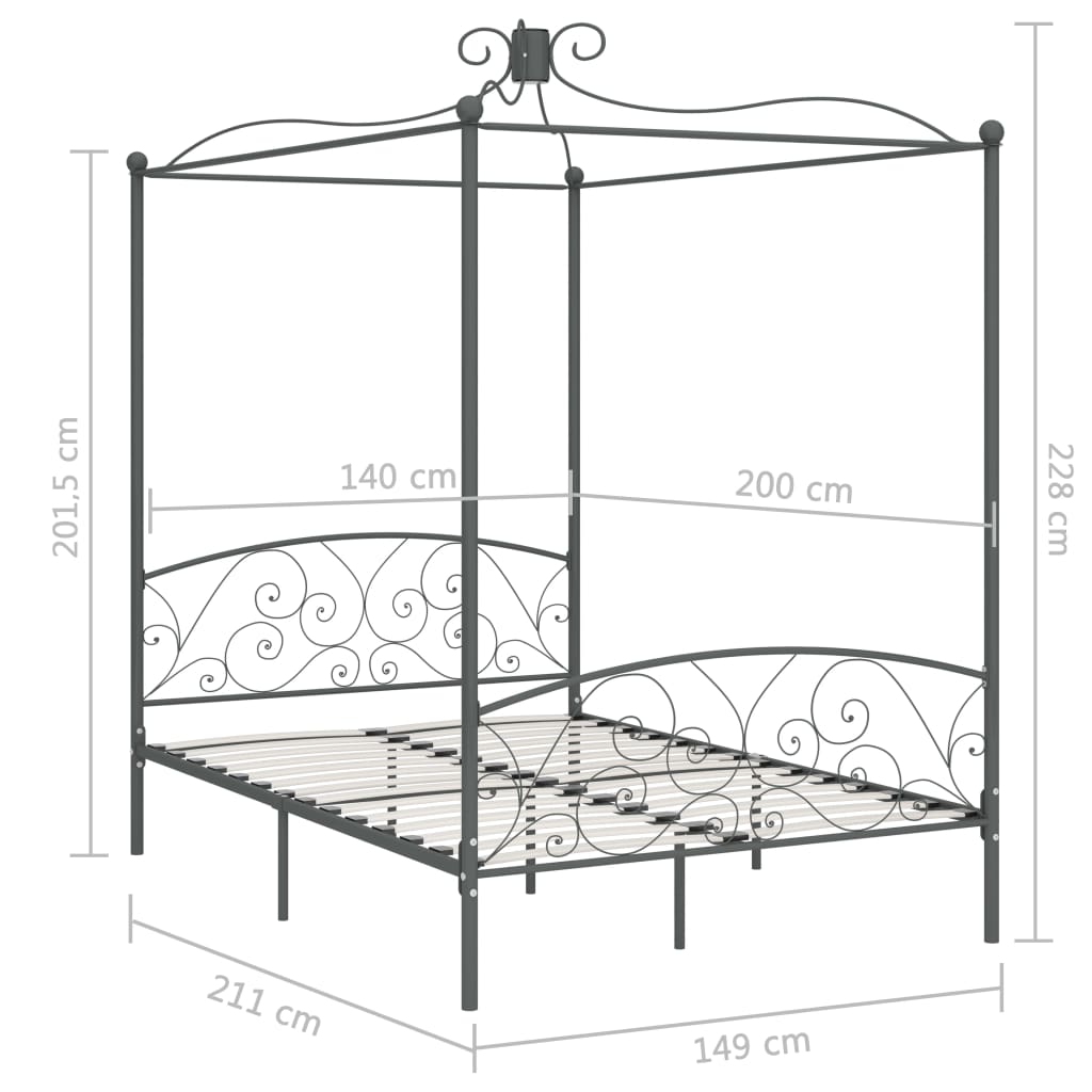 Canopy Bed Frame Grey Metal 140x200 cm