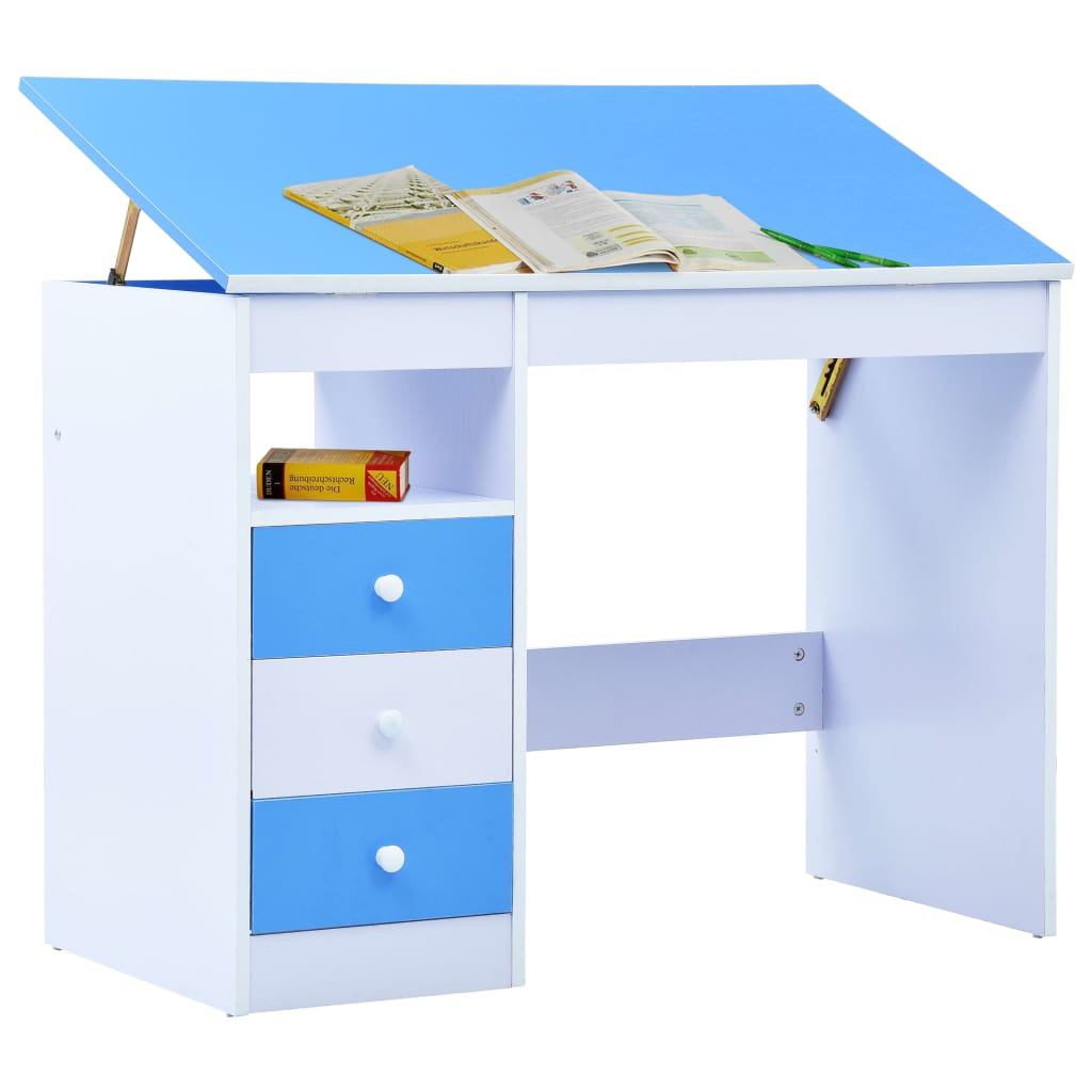 Children Drawing Study Desk Tiltable Blue and White