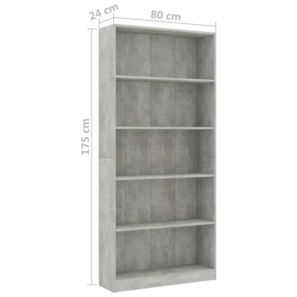 5-Tier Book Cabinet Concrete Grey 80x24x175 cm Engineered Wood