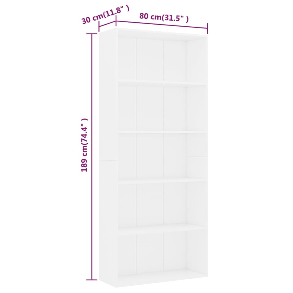 5-Tier Book Cabinet White 80x30x189 cm Engineered Wood