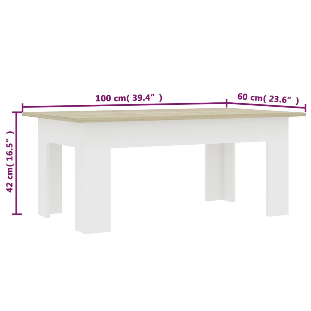 Coffee Table White and Sonoma Oak 100x60x42 cm Engineered Wood