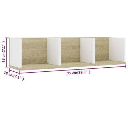 CD Wall Shelf White and Sonoma Oak 75x18x18 cm Engineered Wood