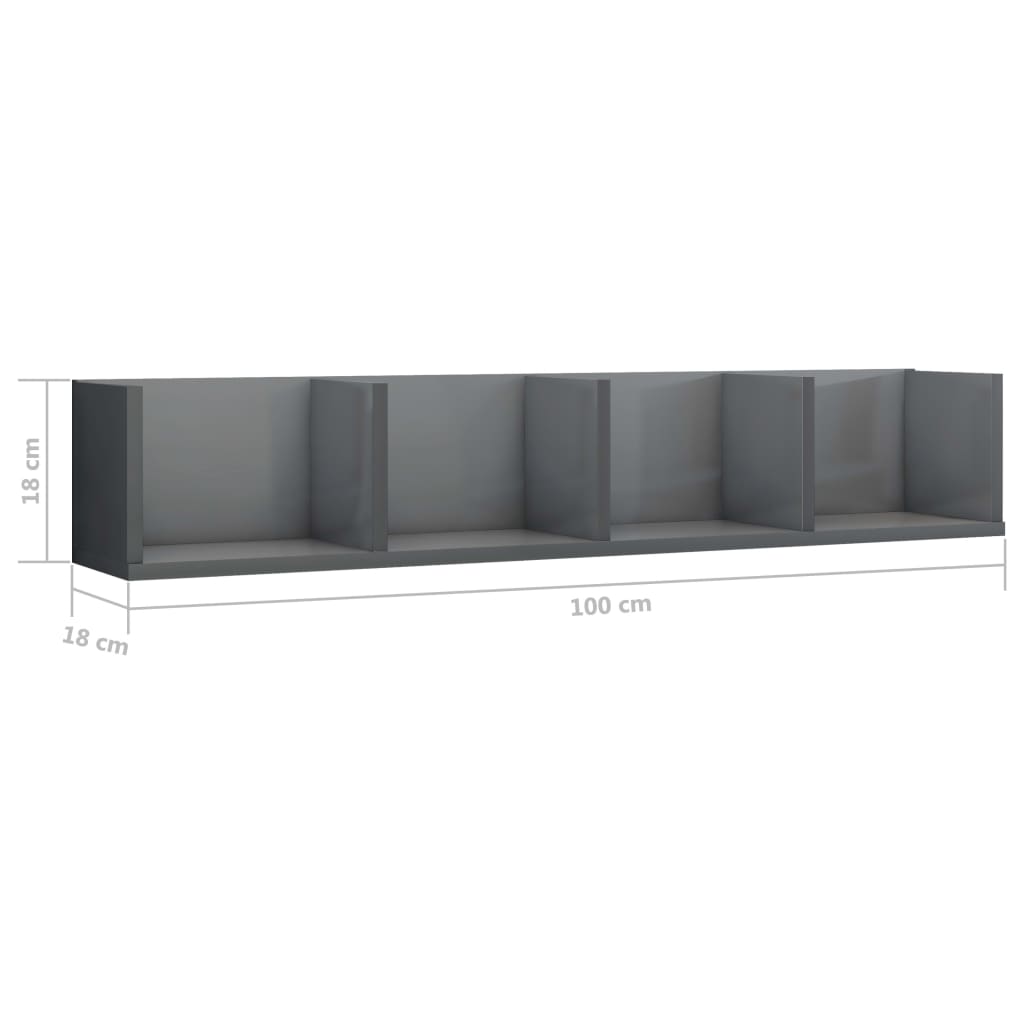 CD Wall Shelf High Gloss Grey 100x18x18 cm Engineered Wood