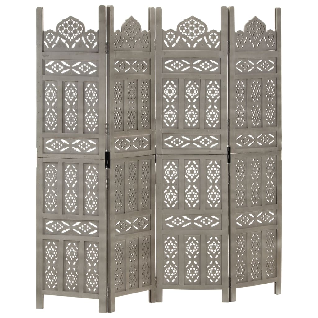 Hand carved 4-Panel Room Divider Grey 160x165 cm Solid Mango Wood