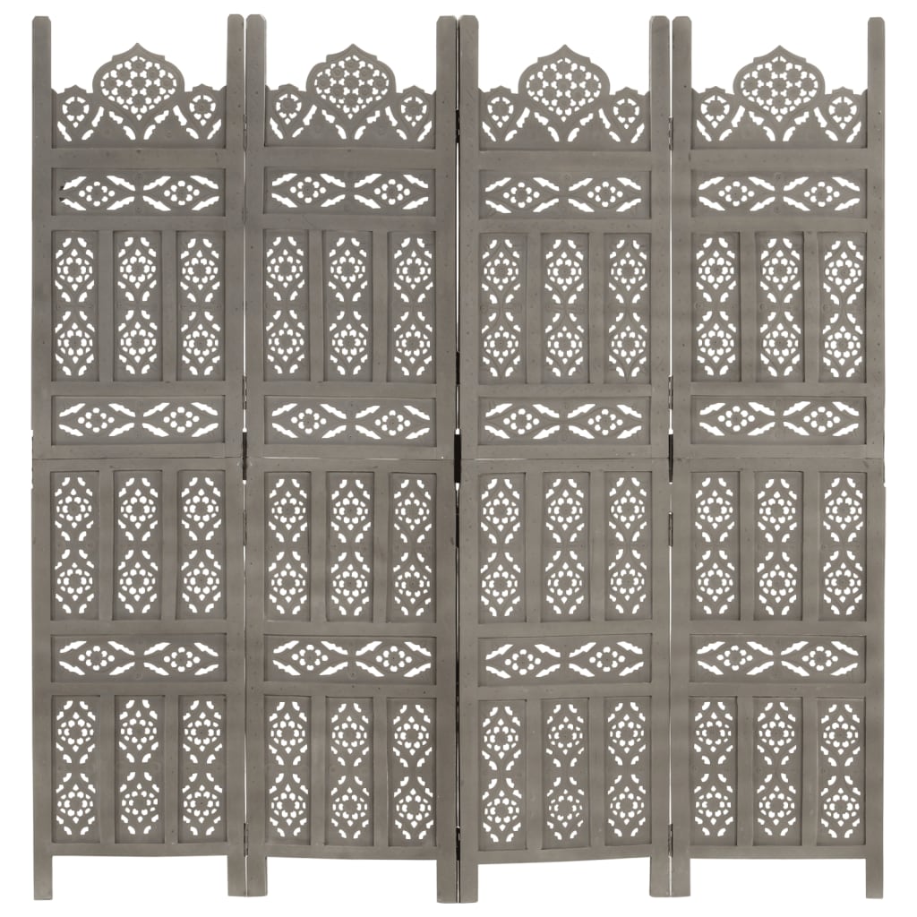 Hand carved 4-Panel Room Divider Grey 160x165 cm Solid Mango Wood