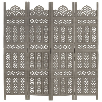 Hand carved 4-Panel Room Divider Grey 160x165 cm Solid Mango Wood