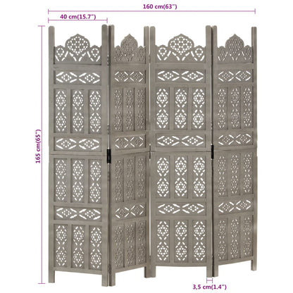 Hand carved 4-Panel Room Divider Grey 160x165 cm Solid Mango Wood