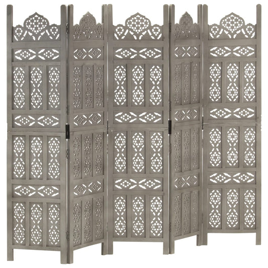 Hand carved 5-Panel Room Divider Grey 200x165 cm Solid Mango Wood