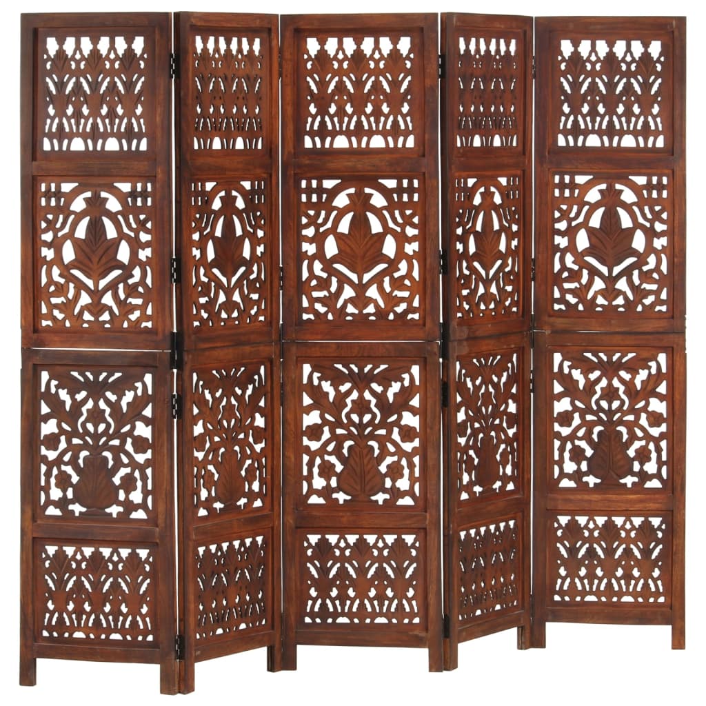 Hand Carved 5-Panel Room Divider Brown 200x165 cm Solid Mango Wood