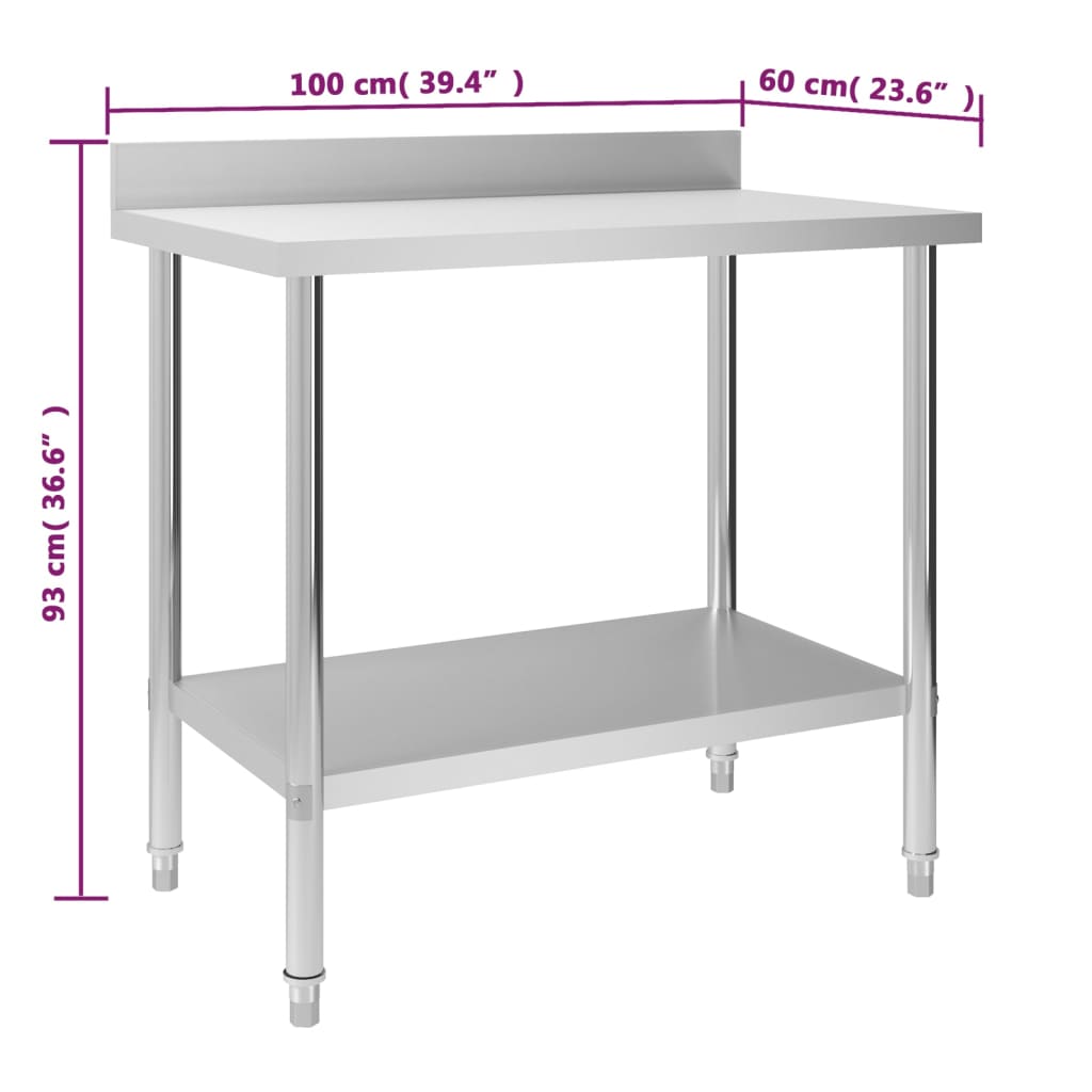 Kitchen Work Table with Backsplash 100x60x93 cm Stainless Steel