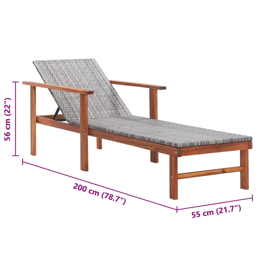 Sun Lounger Poly Rattan and Solid Acacia Wood Grey