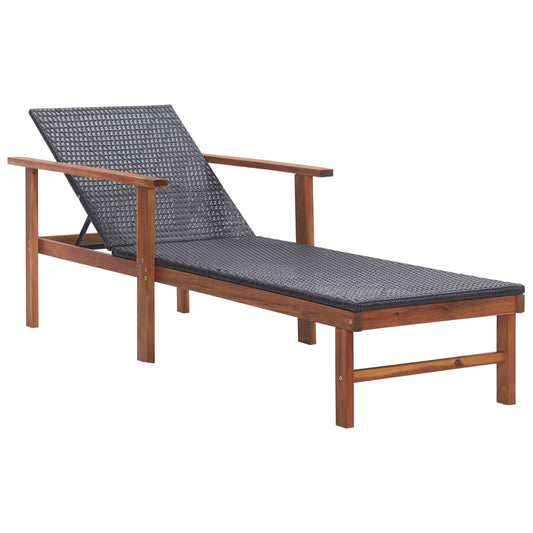 Sun Lounger Poly Rattan and Solid Acacia Wood Black