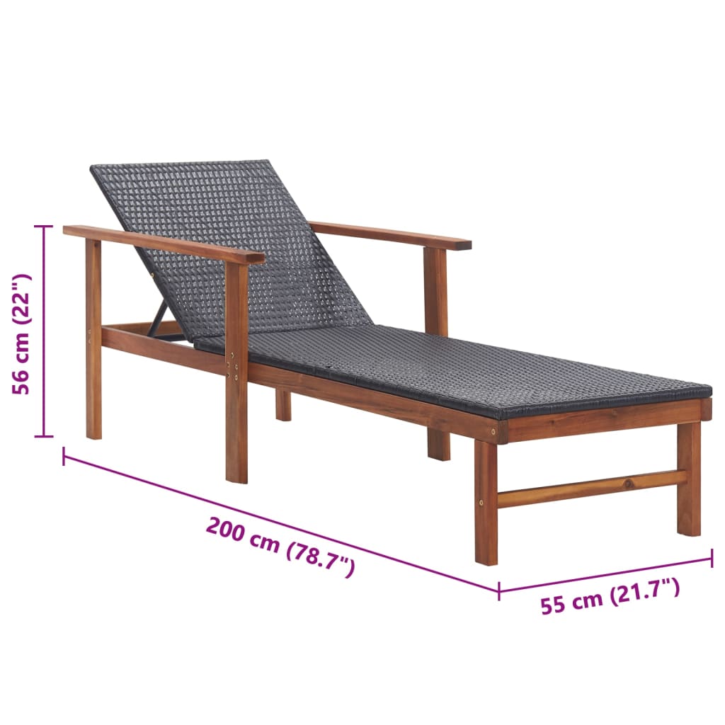 Sun Lounger Poly Rattan and Solid Acacia Wood Black