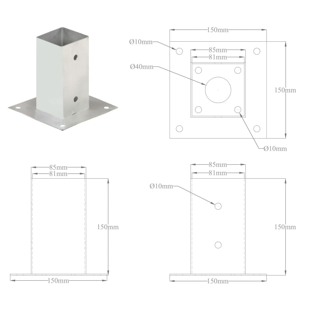 Post Anchors 4 pcs Galvanised Metal 81 mm