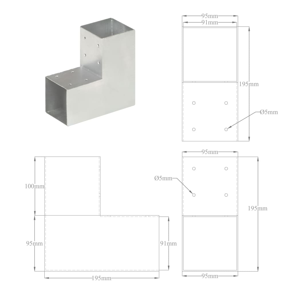 Post Connectors 4 pcs L Shape Galvanised Metal 91x91 mm