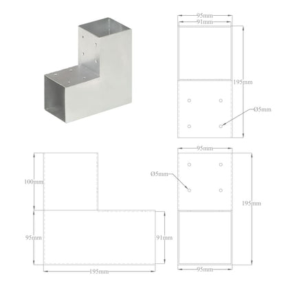 Post Connectors 4 pcs L Shape Galvanised Metal 91x91 mm