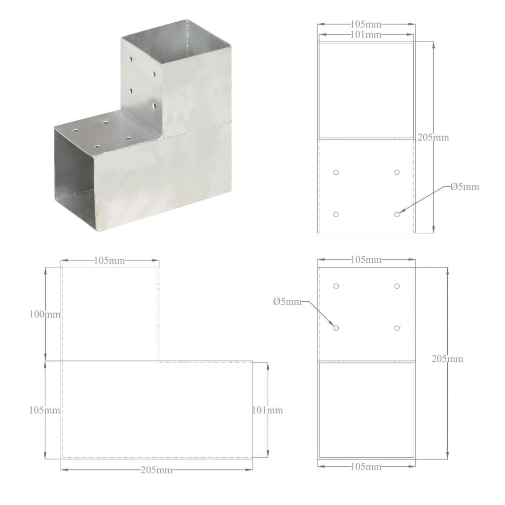 Post Connectors 4 pcs L Shape Galvanised Metal 101x101 mm