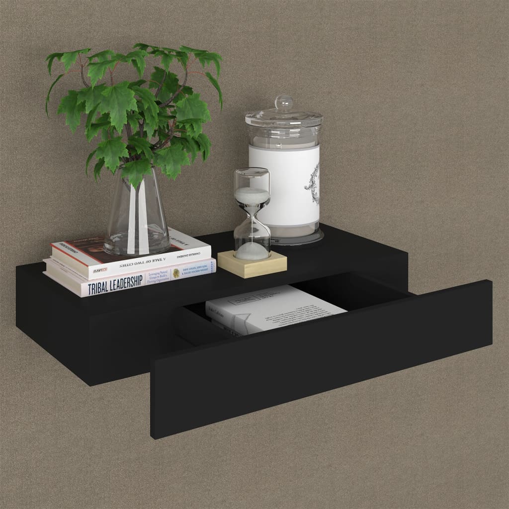 Floating Wall Shelf with Drawer Black 48x25x8 cm