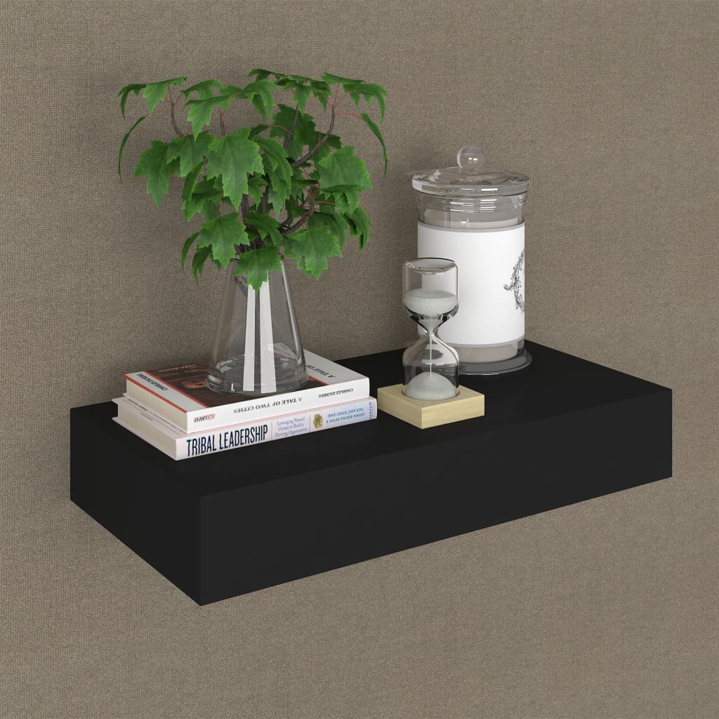 Floating Wall Shelf with Drawer Black 48x25x8 cm