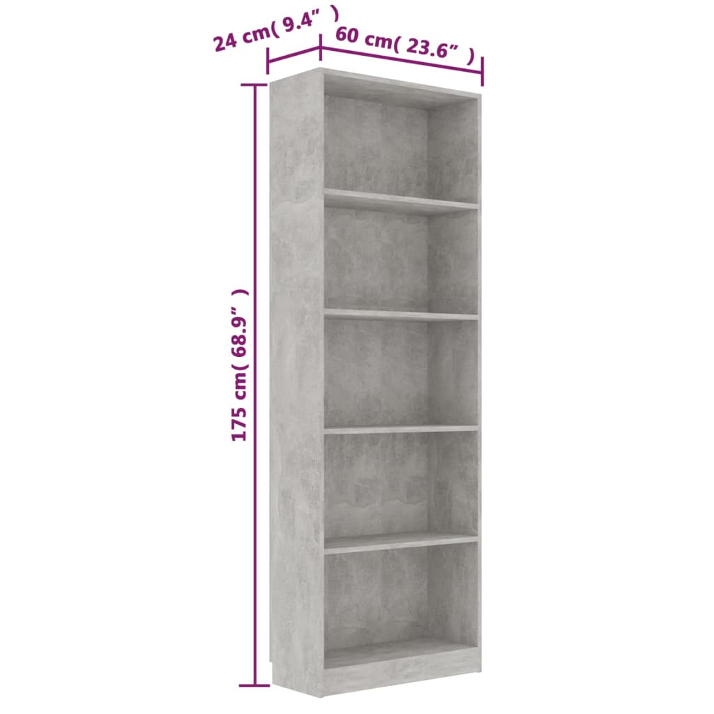 5-Tier Book Cabinet Concrete Grey 60x24x175 cm Engineered Wood