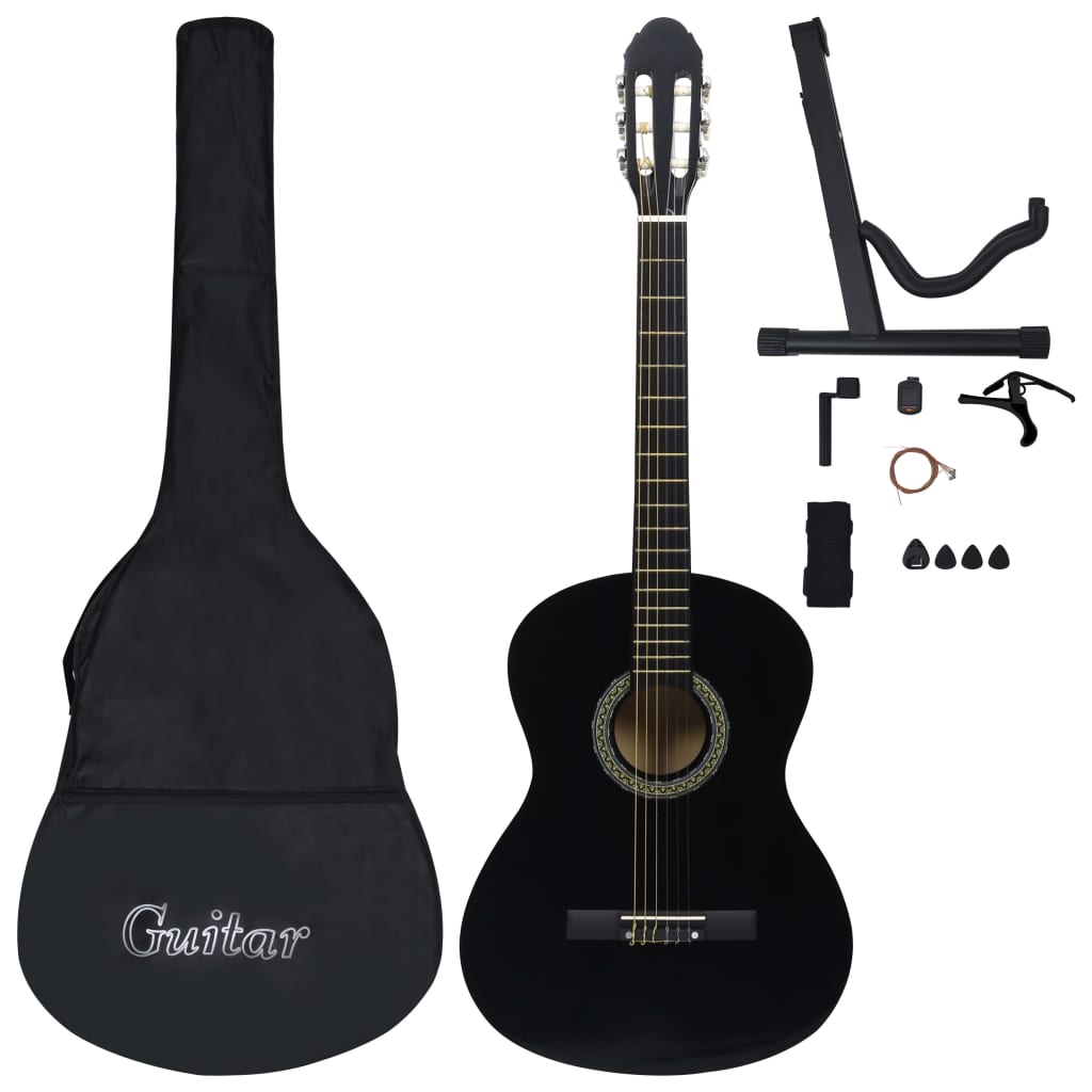 12 Piece Classical Guitar Beginner Set Black 4/4 39"