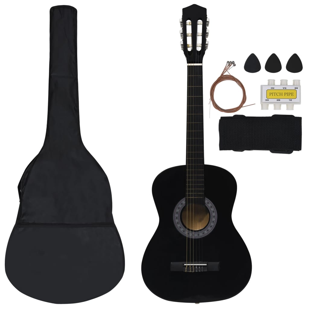 8 Piece Classical Guitar Beginner Set Black 3/4 36"