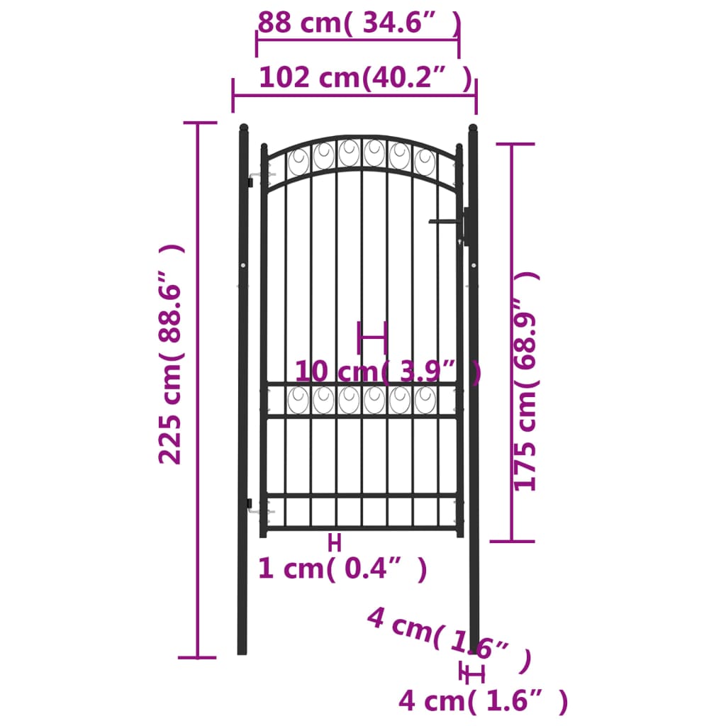 Fence Gate with Arched Top Steel 100x175 cm Black