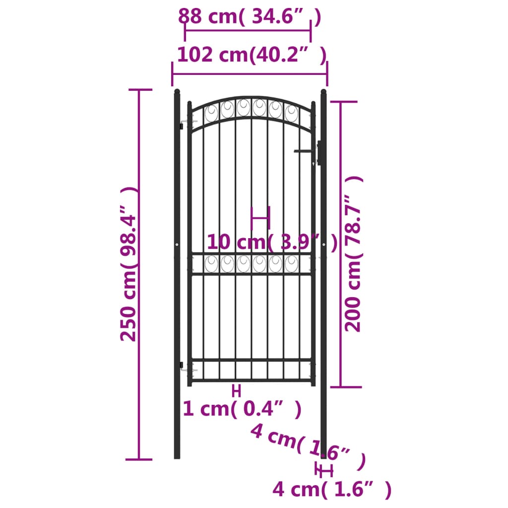 Fence Gate with Arched Top Steel 100x200 cm Black