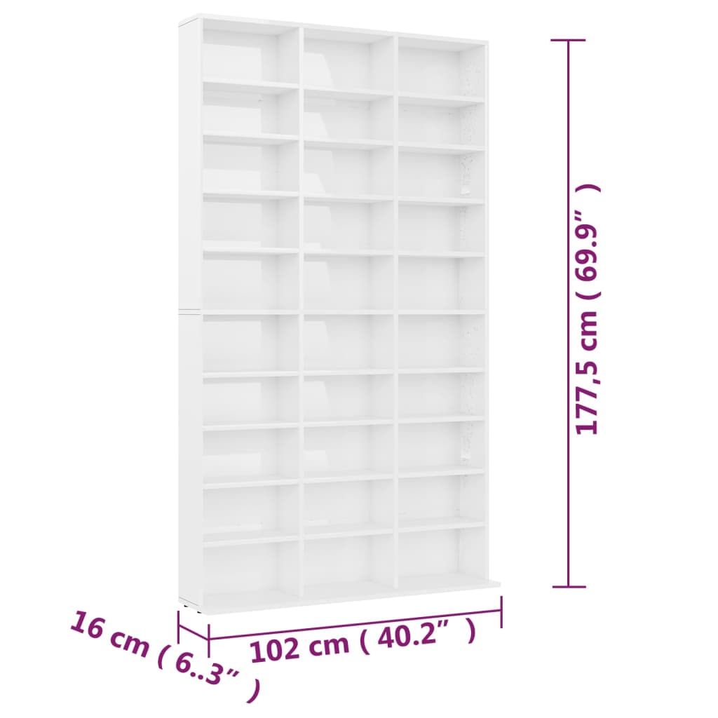 CD Cabinet High Gloss White 102x16x177.5 cm Engineered Wood