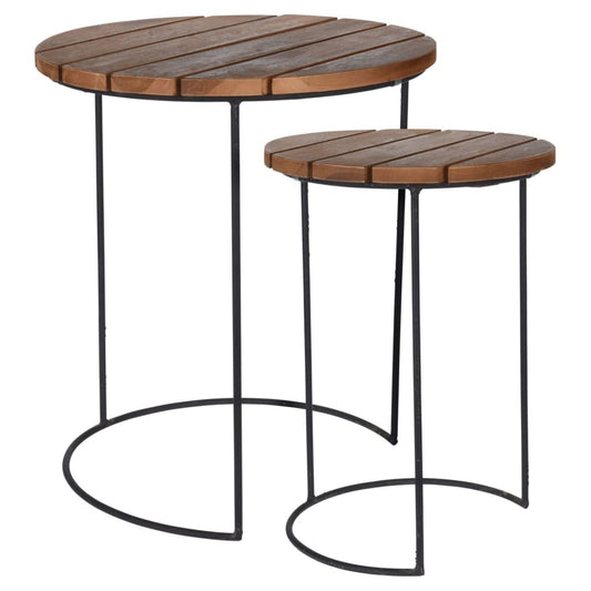 H&S Collection 2 Piece Side Table Set Teak Brown