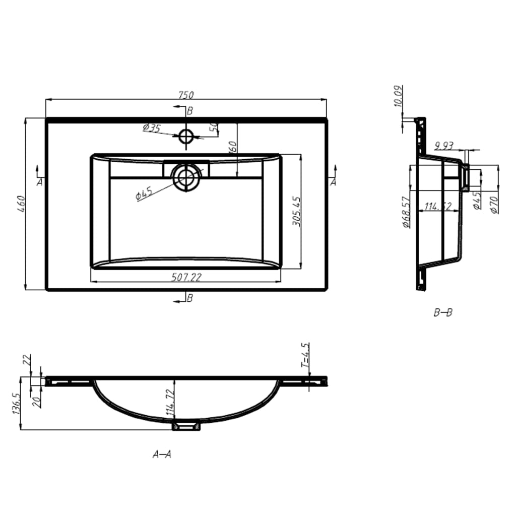 Built-in Wash Basin 750x460x130 mm SMC White