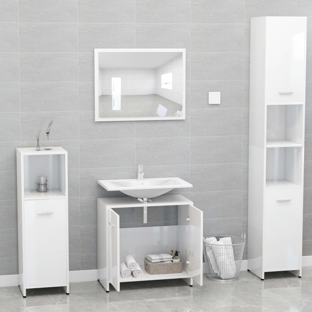 Bathroom Furniture Set High Gloss White Engineered Wood