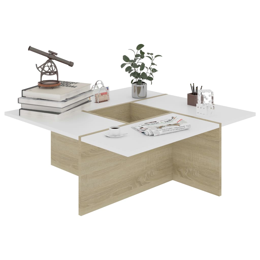 Coffee Table White and Sonoma Oak 79.5x79.5x30 cm Engineered Wood