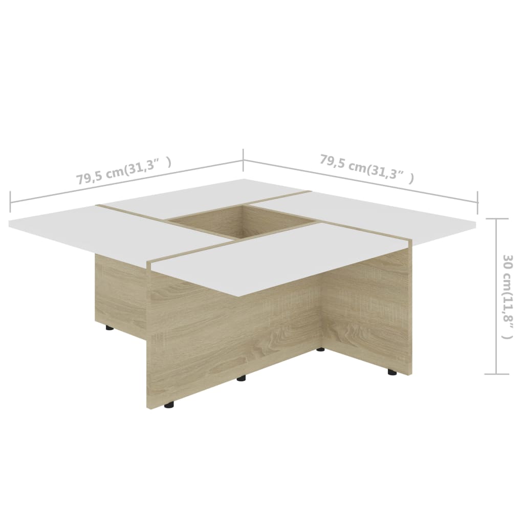 Coffee Table White and Sonoma Oak 79.5x79.5x30 cm Engineered Wood