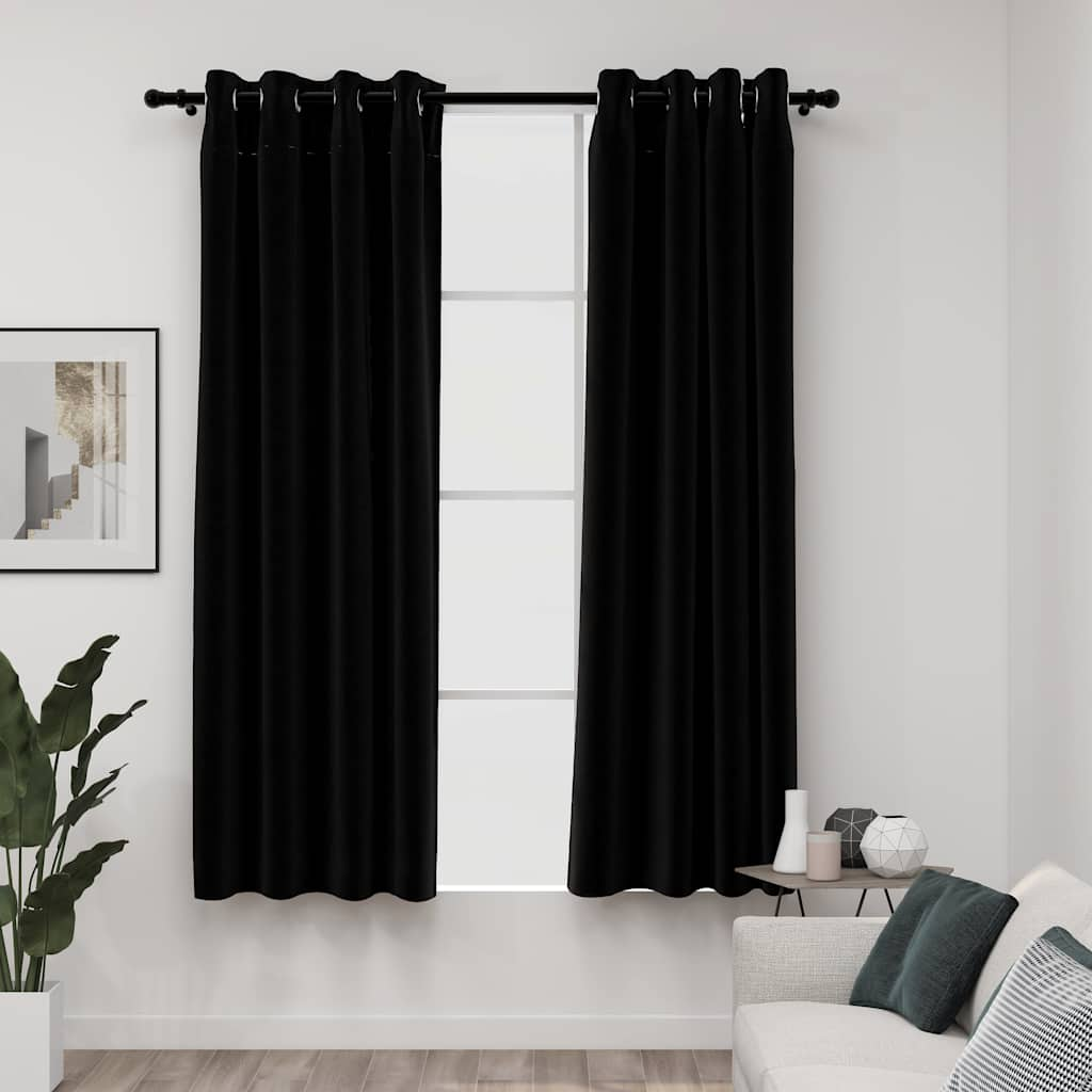 Linen-Look Blackout Curtains with Grommets 2pcs Black 140x175cm