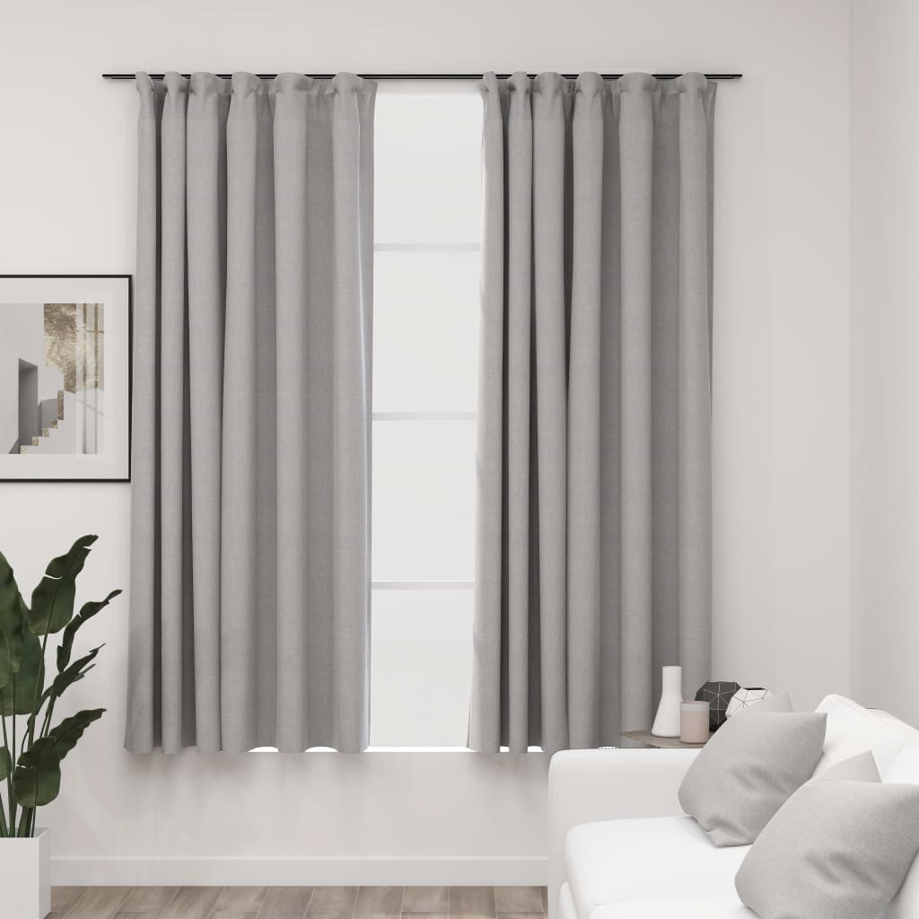 Linen-Look Blackout Curtains with Hooks 2 pcs Grey 140x175 cm