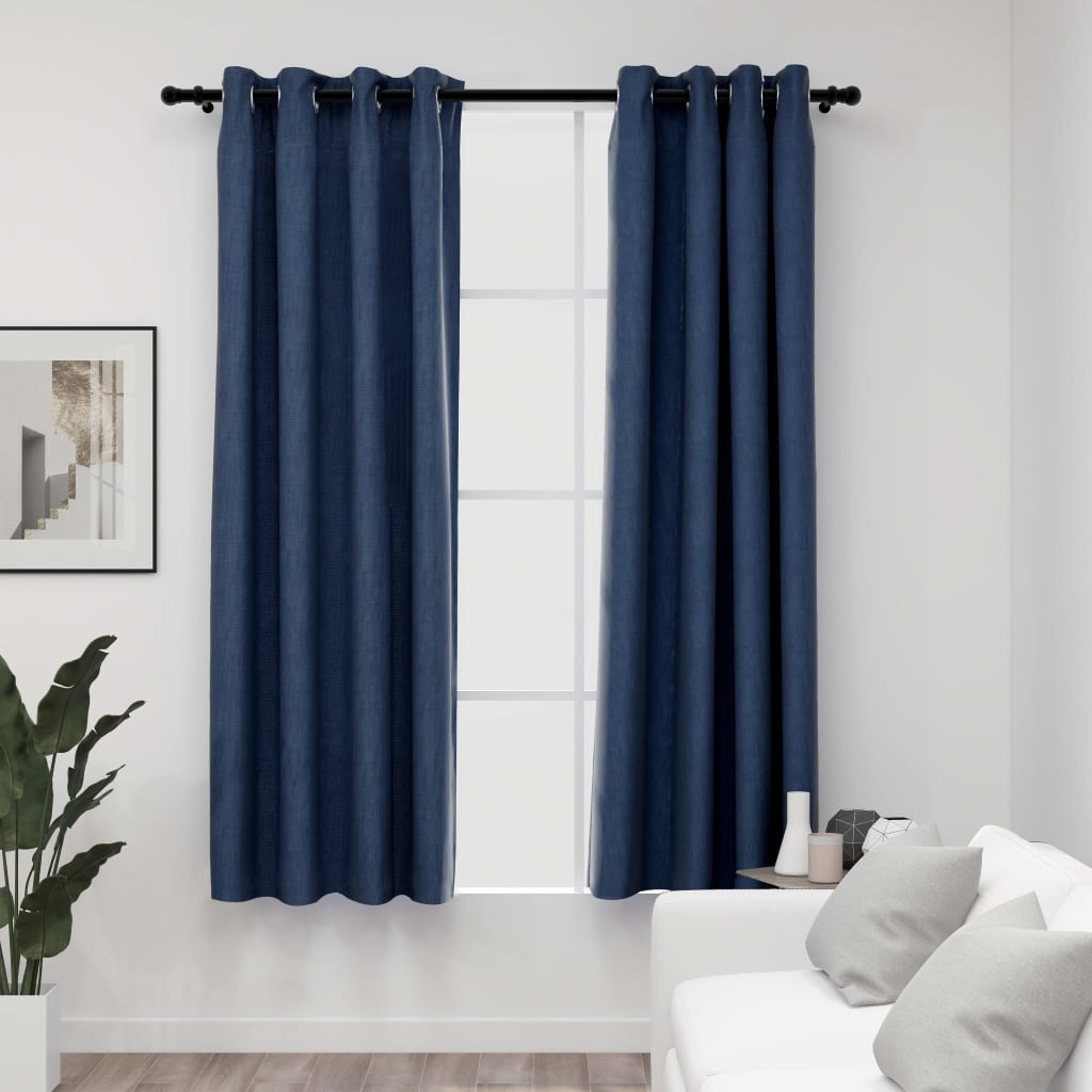 Linen-Look Blackout Curtains with Grommets 2 pcs Blue 140x175cm