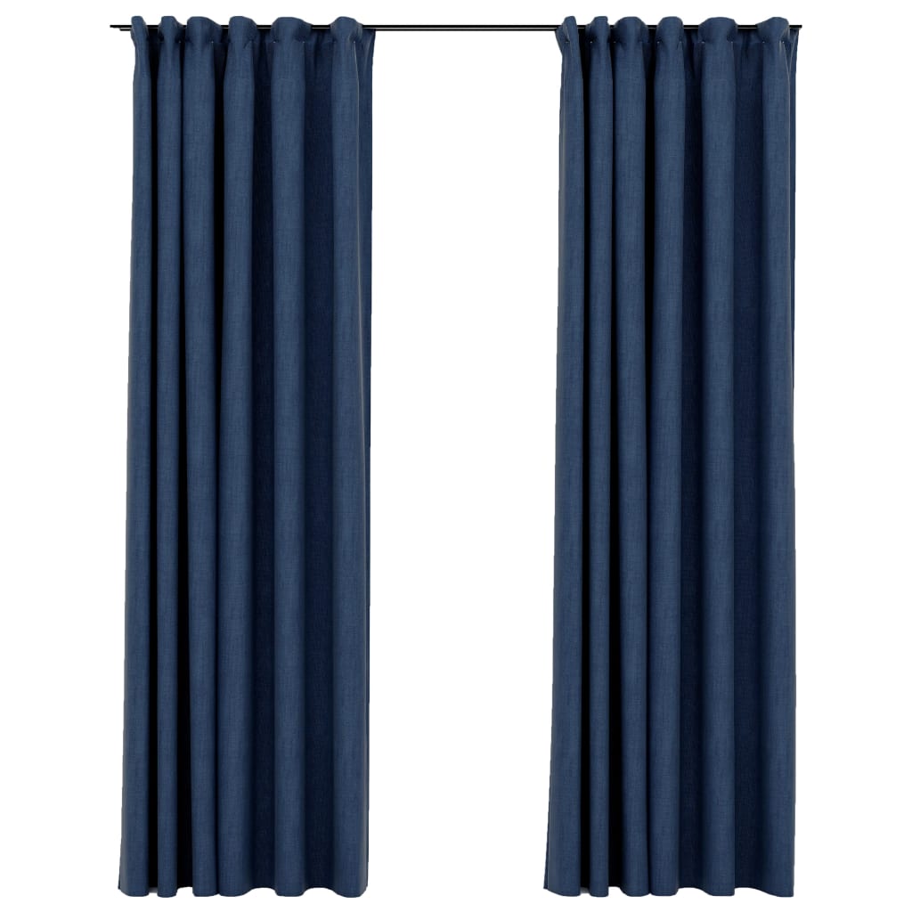 Linen-Look Blackout Curtains with Hooks 2 pcs Blue 140x225 cm